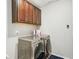 Laundry room features modern washer and dryer beneath brown cabinets with modern fixtures at 8305 Praise Dr, Tampa, FL 33625