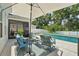 Relaxing patio area with comfortable seating, shade umbrella, and a beautiful pool view at 8305 Praise Dr, Tampa, FL 33625