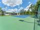 A blue and green tennis court sits next to a screened in porch and has lighting for nighttime play at 13710 Westshire Dr, Tampa, FL 33618