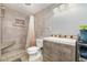 Modern bathroom featuring updated fixtures, including shower, toilet, sink and stylish tile at 2901 26Th W St # 815, Bradenton, FL 34205