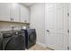 Laundry room with gray washer and dryer, wall cabinets, and a door at 3999 Burdick Loop, Odessa, FL 33556