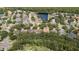 Aerial view showcases tree-lined homes next to a tranquil pond at 5360 Karlsburg Pl, Palm Harbor, FL 34685