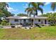 Backyard featuring a covered seating area on a paved patio, mature trees, and a palm at 917 Pineview Ave, Clearwater, FL 33756
