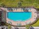 Overhead view of a community pool area and a pond surrounded by lounge chairs and palm trees at 11519 Crowned Sparrow Ln, Tampa, FL 33626