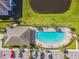 Aerial view of a community pool, parking area and a beautiful pond with lush greenery and palm trees at 11519 Crowned Sparrow Ln, Tampa, FL 33626