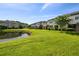 Scenic backyard featuring a pond, green grass, and landscaping at 11519 Crowned Sparrow Ln, Tampa, FL 33626