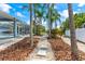 Beautiful backyard features palm trees, tropical landscaping, stepping stones, and a screened-in pool area at 12910 Vicksburg Dr, Tampa, FL 33625