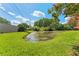 Lush backyard features a tranquil pond surrounded by vibrant greenery, creating a peaceful retreat at 12910 Vicksburg Dr, Tampa, FL 33625