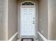 Close-up of a white front door with decorative window above and security features at 13337 Tubeck St, Spring Hill, FL 34609