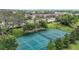 Aerial view of a community pickleball court with green surface and yellow lines surrounded by trees at 13806 Reindeer Cir, Hudson, FL 34669