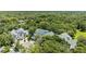 Aerial view of the blue townhome community surrounded by lush greenery at 290 Winchester Way, Palm Harbor, FL 34684