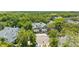 Aerial shot of the blue townhome community with lush green trees and cul-de-sac at 290 Winchester Way, Palm Harbor, FL 34684