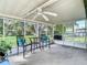 Relaxing screened patio with outdoor seating, ceiling fan and view of the lush backyard at 31096 Inwood Cir, Brooksville, FL 34602
