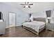 Cozy bedroom featuring wood floors, a ceiling fan, and plenty of natural light at 3718 Beneraid St, Land O Lakes, FL 34638