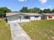 Charming single-story home featuring a well-maintained lawn, garden bed, and attached garage under a blue sky at 10831 Manchester Rd, Port Richey, FL 34668
