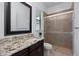 Bathroom with a tiled walk-in shower and granite countertops at 16304 Wild Mallard Dr, Odessa, FL 33556
