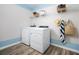 Well-equipped laundry room with modern white washer and dryer, wire shelving, and stylish decor accents at 36972 Sagemoor Dr, Zephyrhills, FL 33541