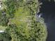 High angle of wooded lot that leads to a private dock on a lake surrounded by trees and lily pads at 11008 Nest Ct, Odessa, FL 33556