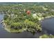 A peaceful lakefront property with a dock connected by a wooden boardwalk, surrounded by dense trees at 11008 Nest Ct, Odessa, FL 33556