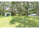 Expansive backyard with mature trees and a shed, providing ample space for outdoor activities at 11008 Nest Ct, Odessa, FL 33556