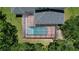Aerial view of a screened-in pool in a private backyard surrounded by lush greenery and mature trees at 16102 Colchester Palms Dr, Tampa, FL 33647