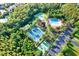 Aerial view of a resort-style community with tennis courts, basketball courts, and a pool area at 2120 Gwynhurst Blvd, Wesley Chapel, FL 33543