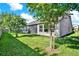 Manicured backyard with a covered screened patio, lush green lawn, and privacy fence at 2120 Gwynhurst Blvd, Wesley Chapel, FL 33543