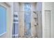 Bathroom shower features stunning blue-accented tile, modern fixtures, and pebble flooring at 2504 Oak Landing Dr, Brandon, FL 33511