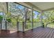 Expansive back porch featuring stained wood floors and a beautiful view of the lush yard at 389 Grand Bay Dr, Palm Harbor, FL 34683