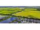 High-angle view of a community, a large field with trees, and a tranquil pond, showcasing the neighborhood's charm at 6211 Sea Air Dr, Apollo Beach, FL 33572