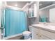 Clean bathroom featuring a shower with a blue curtain, a vanity, and a mirrored cabinet at 9016 Water Chestnut Dr, Temple Terrace, FL 33637