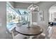 Bright breakfast nook features an oval table, modern light fixture, and views of the screened-in pool area at 9202 Brindlewood Dr, Odessa, FL 33556