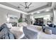 Spacious living room with a ceiling fan, fireplace, large windows, and comfortable gray furniture at 9202 Brindlewood Dr, Odessa, FL 33556