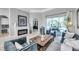 Elegant living room with a cozy fireplace, stylish furniture, and sliding glass doors to the pool area at 9202 Brindlewood Dr, Odessa, FL 33556