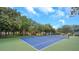 Beautiful blue tennis court surrounded by lush greenery for an active lifestyle at 9202 Brindlewood Dr, Odessa, FL 33556