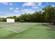 Outdoor tennis court featuring a green playing surface, backdrop wall and shaded spectator seating at 17914 Howsmoor Pl, Lutz, FL 33559