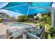 Lush backyard featuring a serene pool, outdoor seating, and a shaded canopy for relaxation and entertainment at 1983 Seton Dr, Clearwater, FL 33763