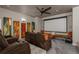Comfortable home theater with plush seating, large screen, ceiling fan, and colorful art at 3042 Wentworth Way, Tarpon Springs, FL 34688