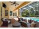 This beautiful outdoor living space features a tv, seating, and a view of the pool area at 3042 Wentworth Way, Tarpon Springs, FL 34688