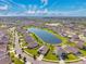 Wide aerial view of a residential community with a large lake, showcasing numerous homes and landscaped yards at 30732 Summer Sun Loop, Wesley Chapel, FL 33545