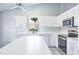 Modern kitchen featuring an island, white cabinets, and stainless steel appliances at 4167 Seton Cir, Palm Harbor, FL 34683
