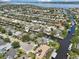 Aerial view features a waterfront property with a private dock, lush greenery, and access to the canal at 4615 Shark Dr, Bradenton, FL 34208