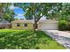 Inviting single-story home with a lush lawn and a two-car garage nestled beneath a large tree at 602 Timber Bay W Cir, Oldsmar, FL 34677