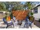 Stylish backyard area with comfortable seating around a fire pit and lush greenery, perfect for outdoor enjoyment at 6806 N 17Th St, Tampa, FL 33610
