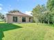 Serene backyard with well-maintained lawn and a patio, enhanced by mature trees and natural light at 10323 Birdwatch Dr, Tampa, FL 33647