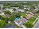 Aerial shot of a neighborhood with mature trees, showcasing a home with a private backyard pool at 1305 Willow Valley Dr, Brandon, FL 33510
