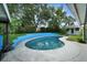 Backyard features a blue swimming pool surrounded by green grass and trees at 1305 Willow Valley Dr, Brandon, FL 33510