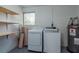 Bright laundry room with new washer, dryer, shelving, and tank water heater at 1949 Kings Hwy, Clearwater, FL 33755