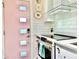 White kitchen featuring stainless steel appliances, white subway tile, and a whimsical pink door at 2707 56Th S St, Gulfport, FL 33707