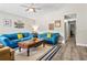 Cozy living room with plush blue sofas, a wooden coffee table, and neutral decor at 3113 Chamblee Ln, Clearwater, FL 33759